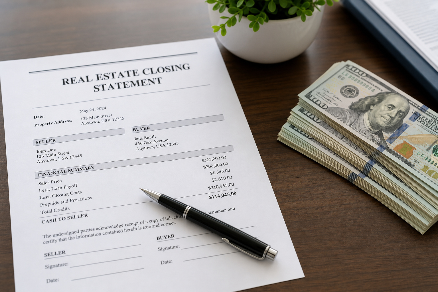Buying a Home With Cash: The $224,000 Interest Savings and 3 Hidden Risks 2 Closing documents and cash showing lower closing costs for cash buyers
