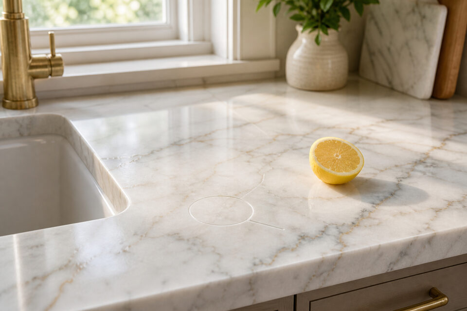 Close-up of a luxurious marble kitchen countertop with a halved lemon and a potted plant near a window, showcasing clean and stylish kitchen design.