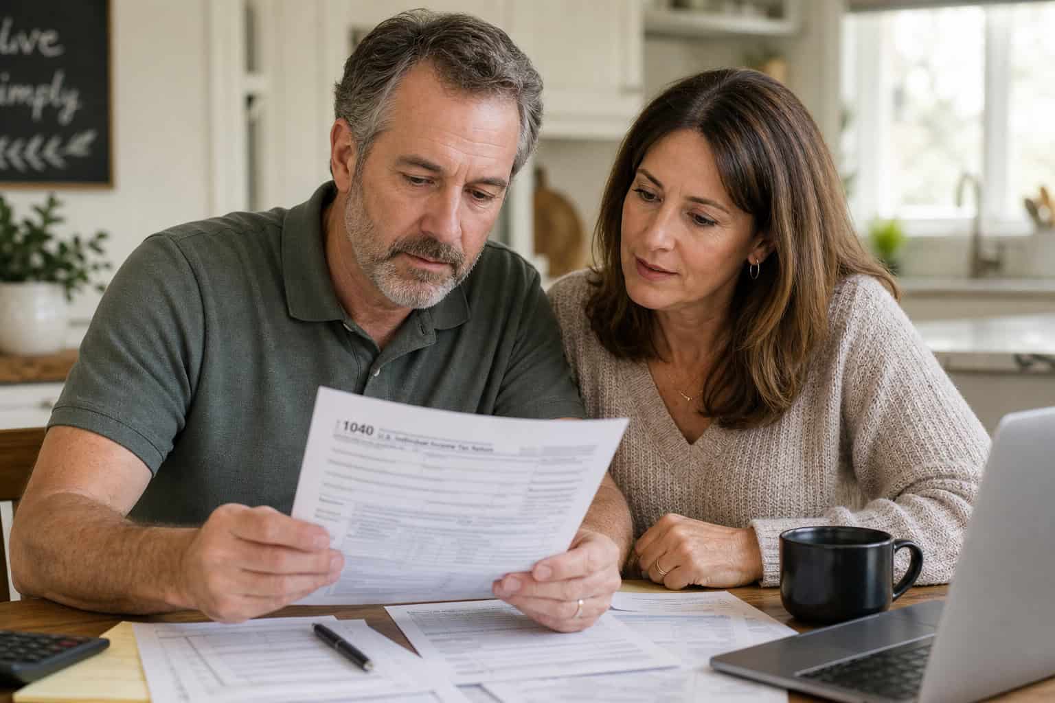 Do You Get a Tax Break for Buying a House With Cash? The Surprising Answer 3 Married couple reviewing tax documents at kitchen table, considering standard deduction vs itemizing.