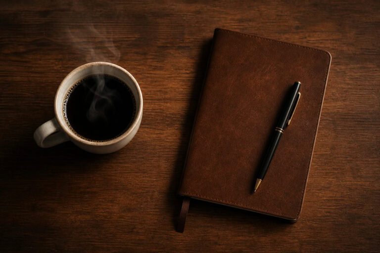 A steaming cup of black coffee next to a closed brown leather notebook and a black pen on a wooden table, perfect for journaling and daily planning.