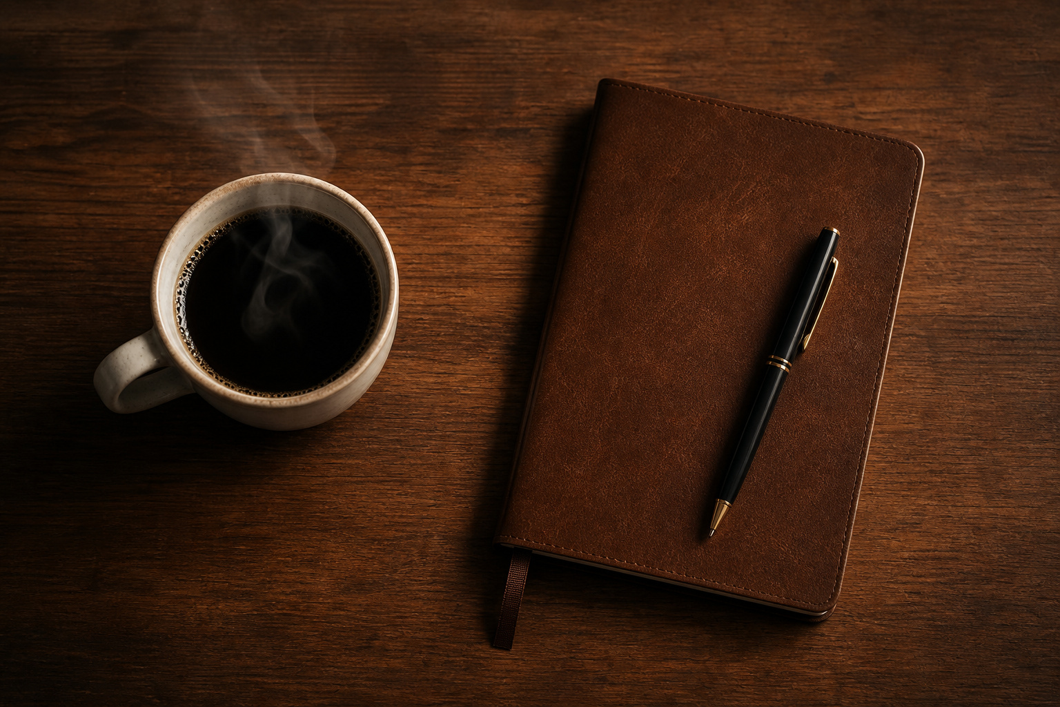 What Is a Tidbit? How Small Narratives Build Deeper Human Connection 1 A steaming cup of black coffee next to a closed brown leather notebook and a black pen on a wooden table, perfect for journaling and daily planning.