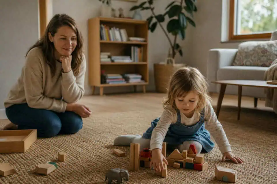 How to Be a Good Mom by Hitting the 70% Rule, Not 100% 8 A young girl and her mother playing with wooden blocks and toys on a cozy living room carpet, enjoying quality time and fostering creativity in a warm, inviting home environment.