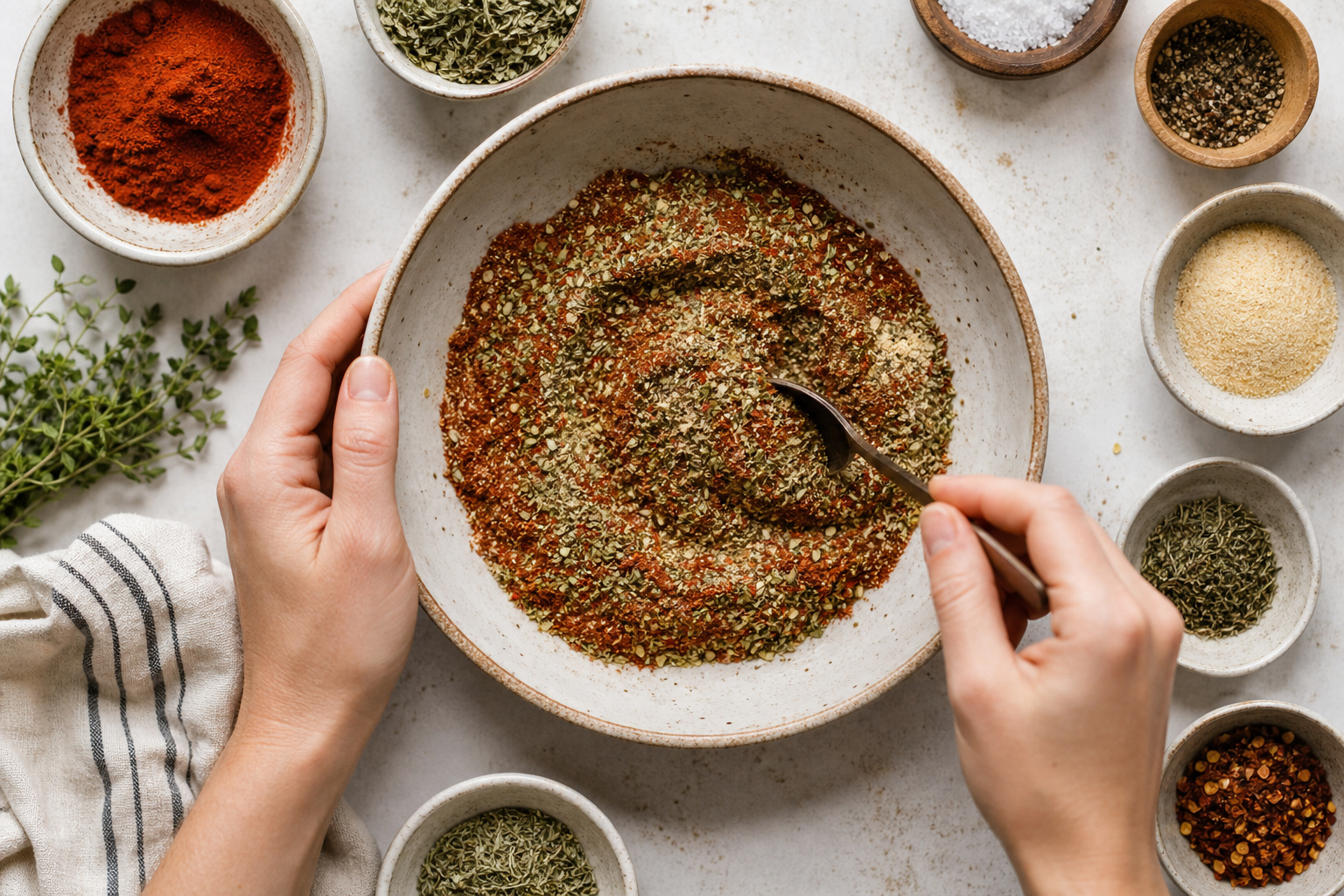 Hands mixing a colorful blend of spices in a bowl surrounded by various spice containers on a kitchen counter.