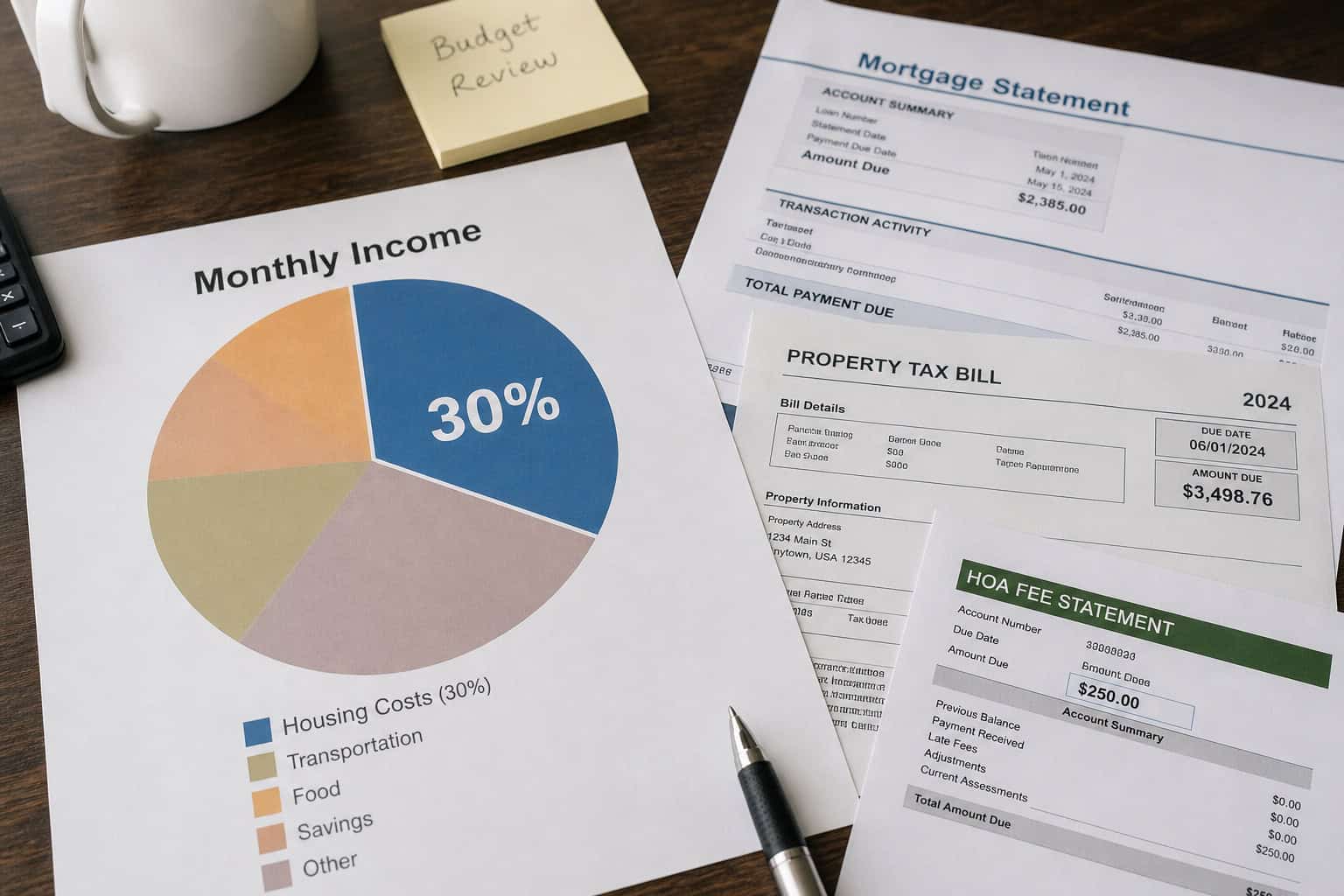 What Is the 30/30/3 Rule for Home Buying? Two Frameworks Explained With Real Examples 3 Financial documents including mortgage statement, property tax bill, and monthly income chart for budget planning and financial management.