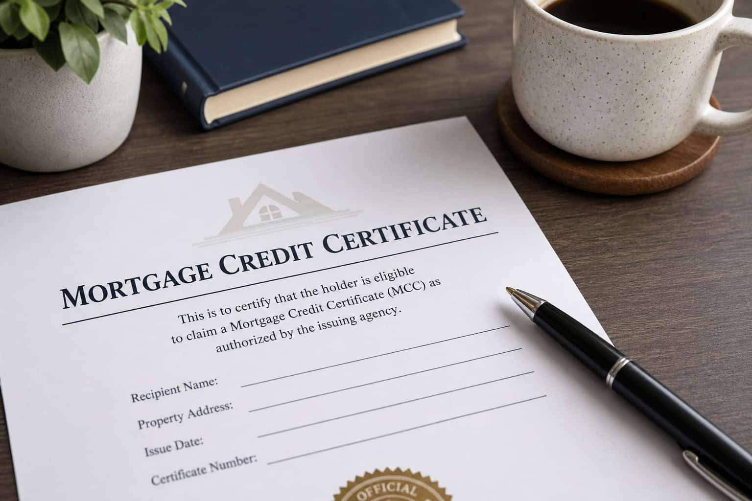Do You Get a Tax Break for Buying a House With Cash? The Surprising Answer 10 Close-up of a mortgage credit certificate form on a desk with a pen, coffee mug, and notebooks, representing home financing and mortgage documentation.