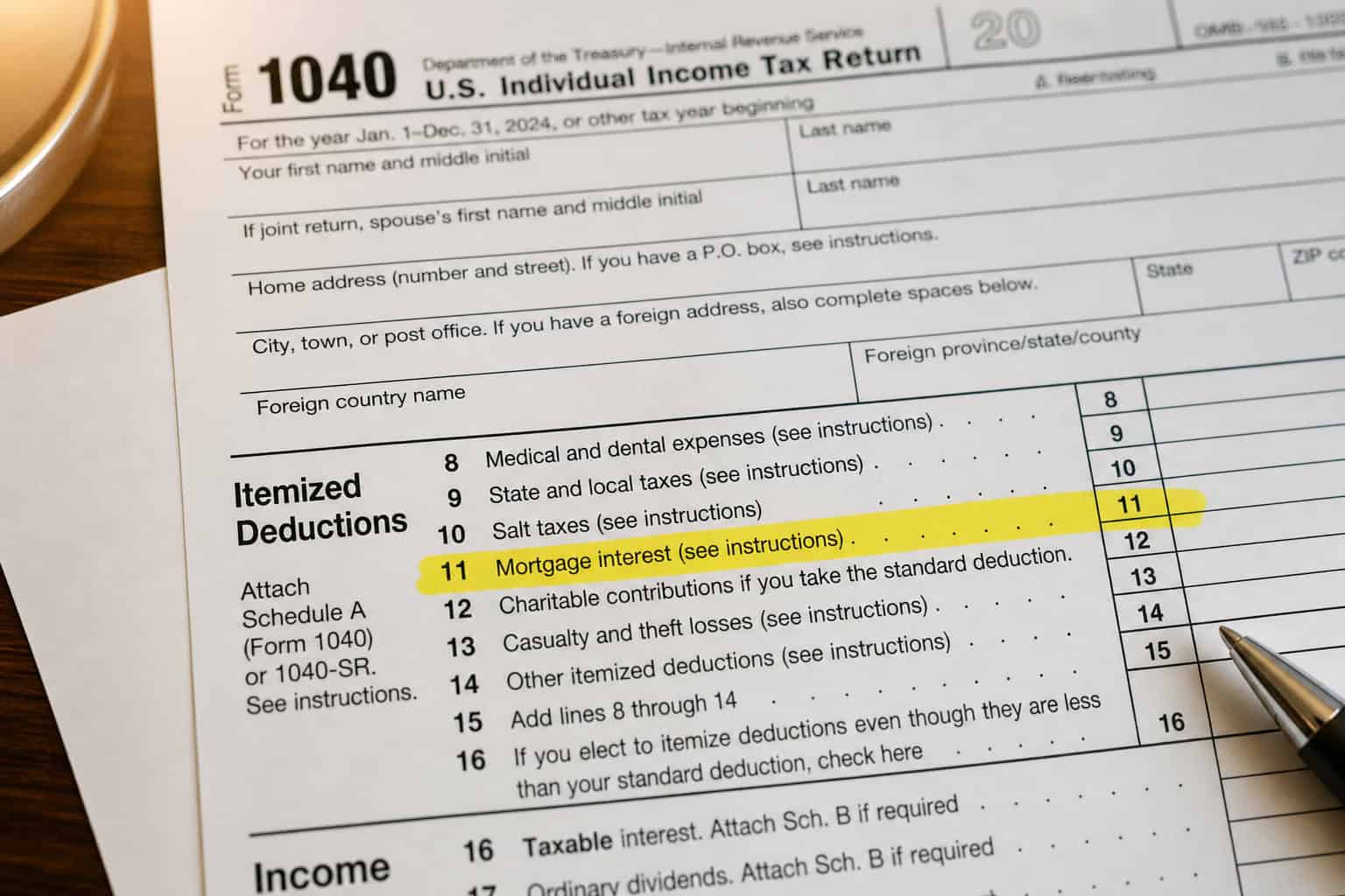Do You Get a Tax Break for Buying a House With Cash? The Surprising Answer 6 Close-up of a tax form with a yellow highlighter emphasizing the mortgage interest line item for tax deduction purposes.