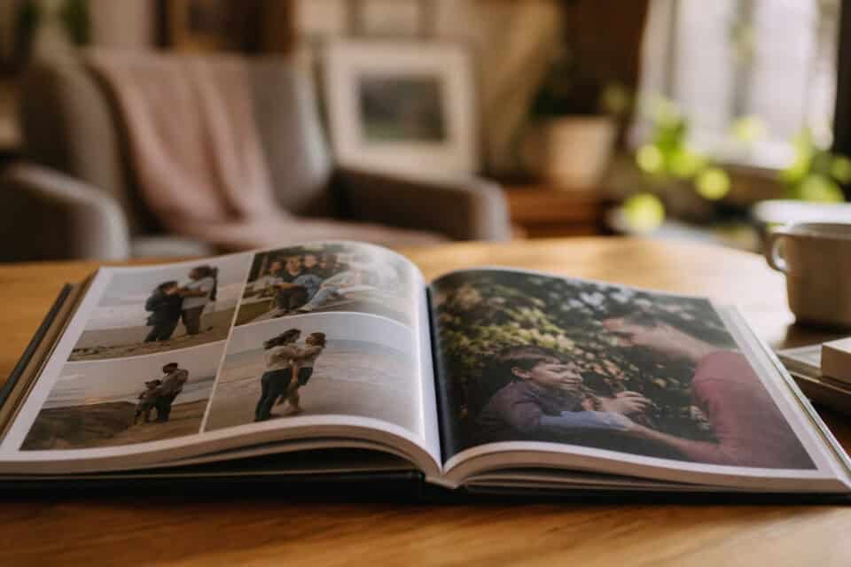 How to Be a Good Mom by Hitting the 70% Rule, Not 100% 10 Family photo album open on a wooden table showing candid moments of a family enjoying outdoor activities.