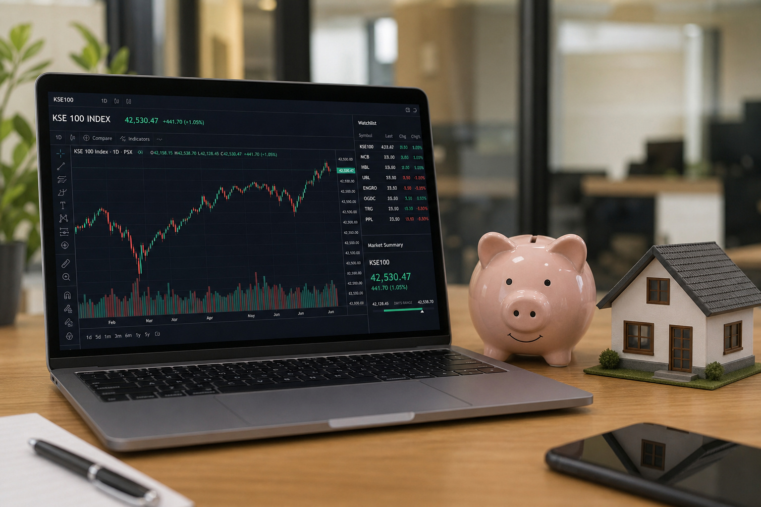 Buying a Home With Cash: The $224,000 Interest Savings and 3 Hidden Risks 9 Stock graph and piggy bank illustrating opportunity cost of not investing cash instead of buying home