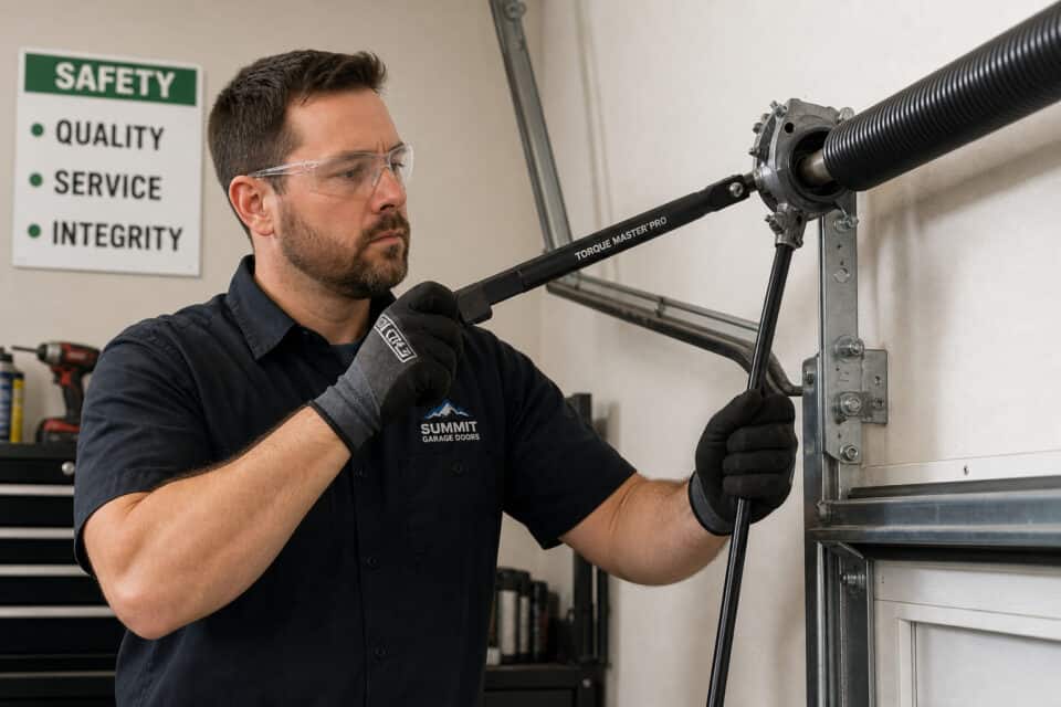 Stop Kids Using the Garage Door: Beyond the 60-Inch Rule 10 Professional garage door repair technician inspecting and fixing a garage door mechanism with tools in a workshop setting.