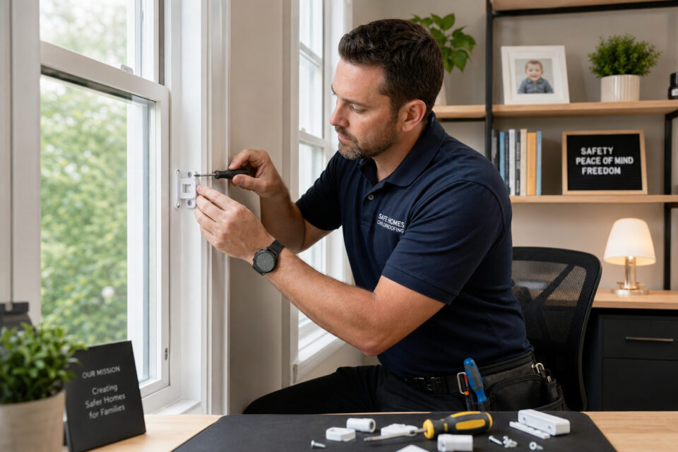 How to Childproof Windows: The 4-Inch Rule and Hardware That Actually Keeps Kids Safe 6 A professional locksmith installing a lock on a window to enhance home security, demonstrating expertise in lock installation and home safety.
