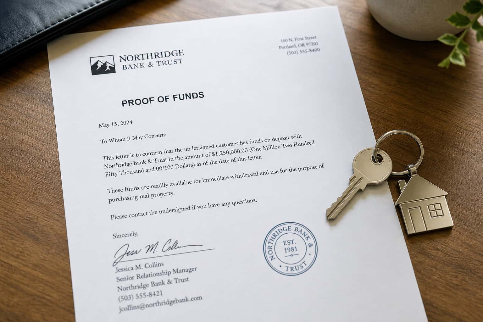 Do You Get a Tax Break for Buying a House With Cash? The Surprising Answer 9 Official proof of funds letter from Northridge Bank with keys and house keychain on wooden desk.