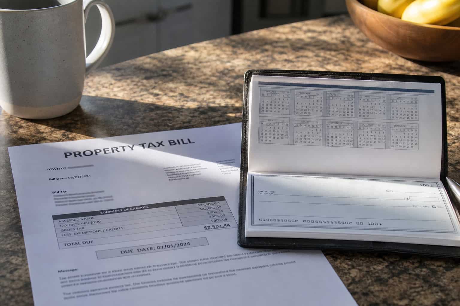 Do You Get a Tax Break for Buying a House With Cash? The Surprising Answer 4 Property tax bill and calendar on a kitchen table with a coffee mug and bowl of fruit in the background.