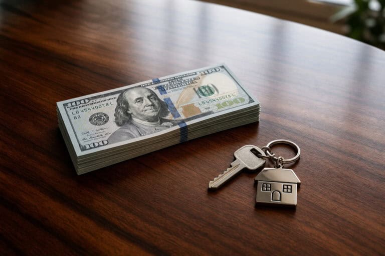 A stack of $100 bills placed on a wooden surface next to a house-shaped keychain and a house key, symbolizing real estate investment or property ownership.