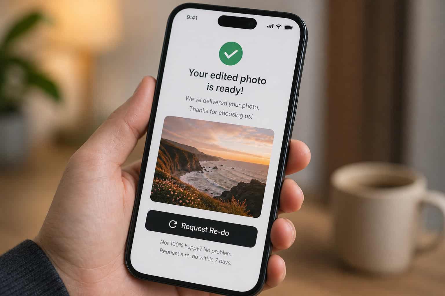 How RetouchMe Works: A Step-by-Step Walkthrough With Real User Experiences 7 RetouchMe app screen showing photo edit delivery with request re-do option