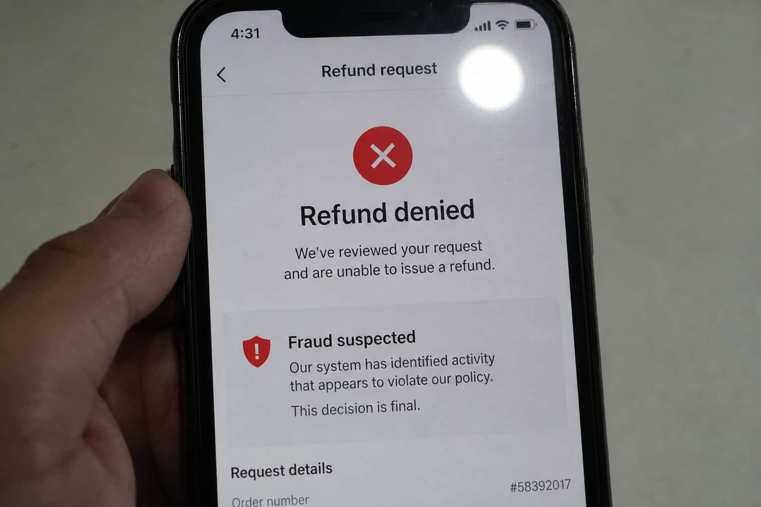 How RetouchMe Works: A Step-by-Step Walkthrough With Real User Experiences 10 RetouchMe app screen showing refund request denied with fraud suspected message