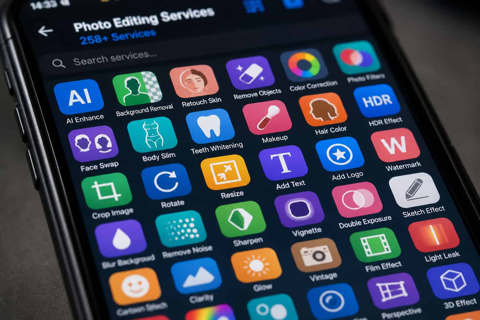 How RetouchMe Works: A Step-by-Step Walkthrough With Real User Experiences 2 RetouchMe app screen showing grid of over 250 photo editing service categories