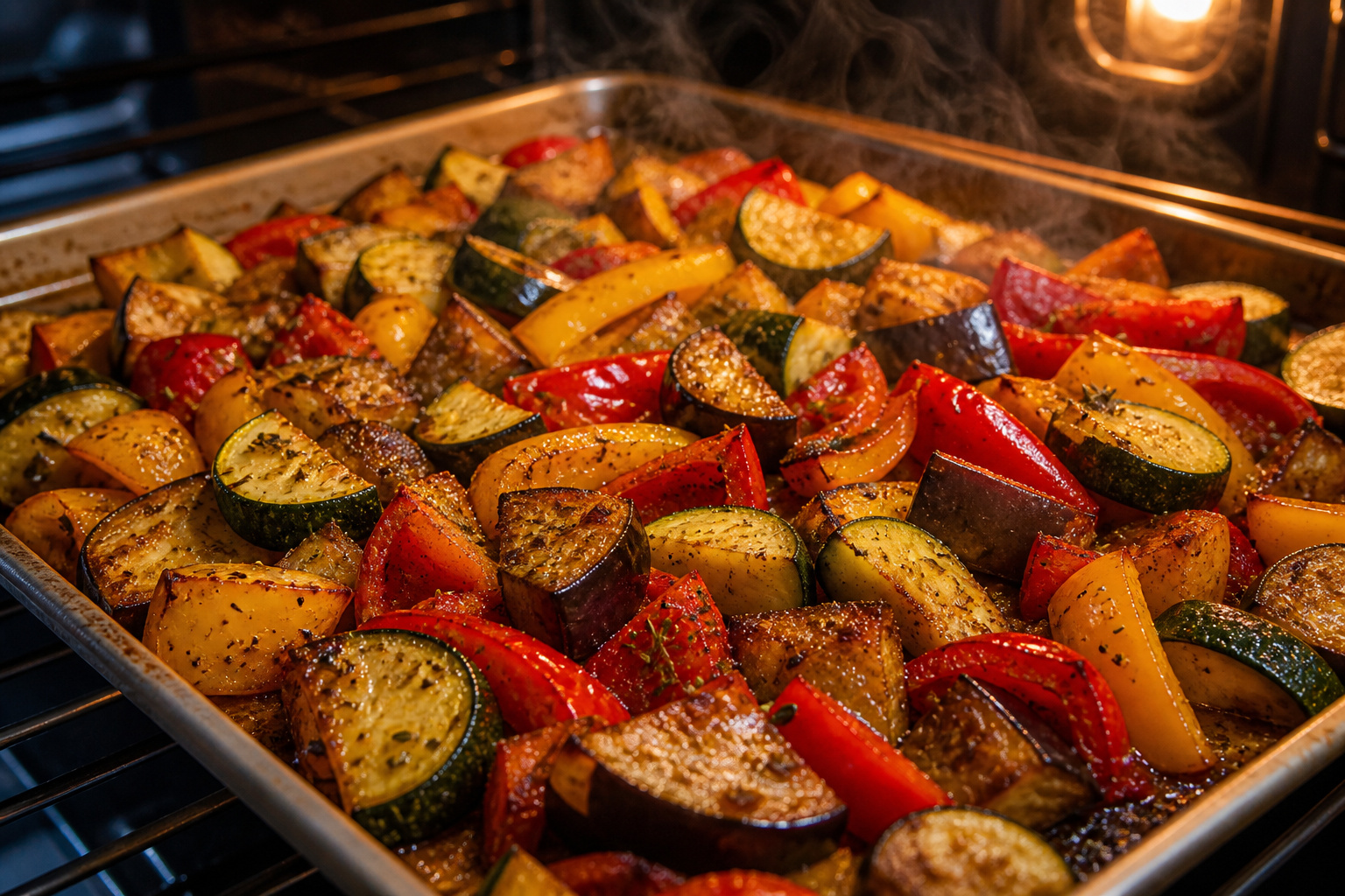 Colorful roasted vegetables including zucchini, red bell peppers, and yellow squash on a baking sheet, fresh from the oven, with steam rising.