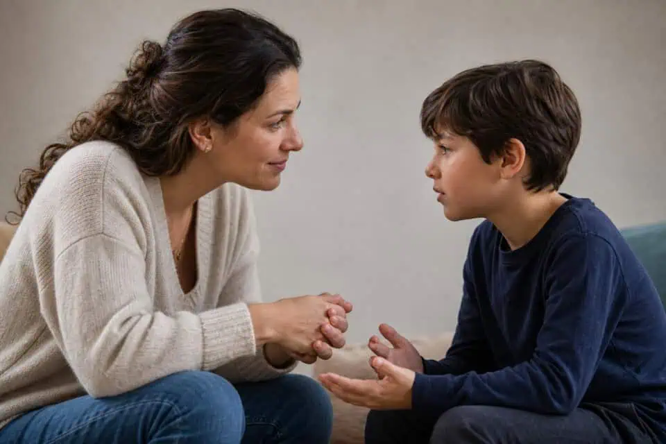 How to Be a Good Mom by Hitting the 70% Rule, Not 100% 5 A mother and son engaging in a heartfelt conversation at home, sitting on the floor facing each other, fostering open communication and emotional connection.