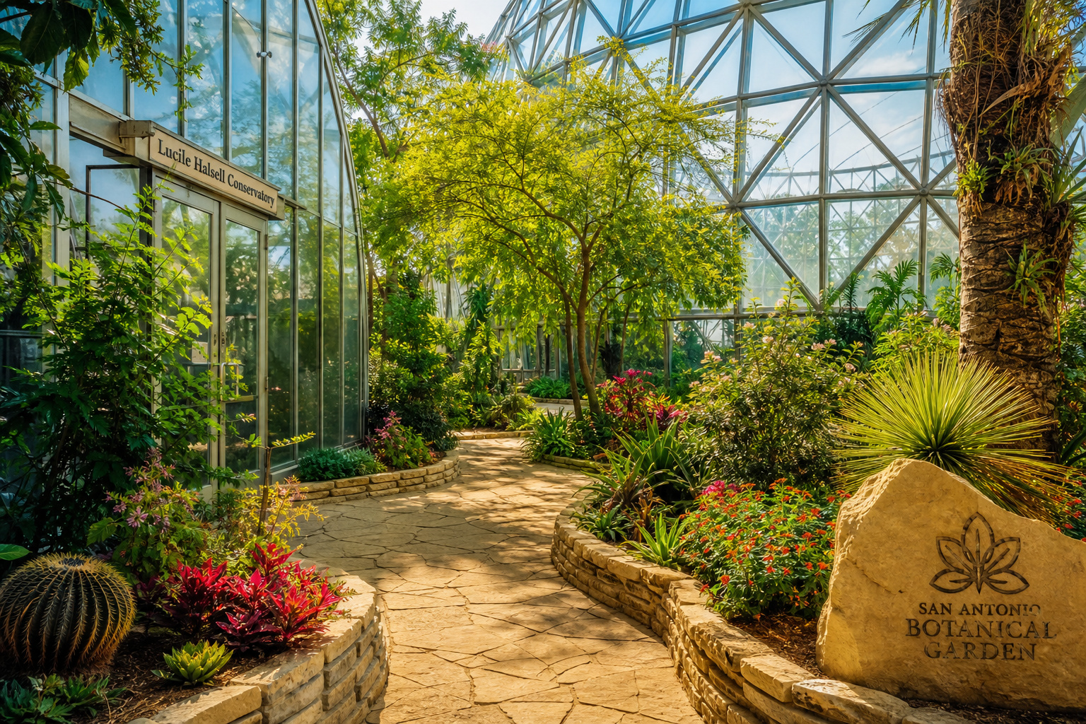 San Antonio Botanical Garden: Is a 38-Acre Walking Tour Worth It? 1 Lush greenery and colorful flowers inside the San Antonio Botanical Garden greenhouse with a stone pathway and glass dome ceiling.