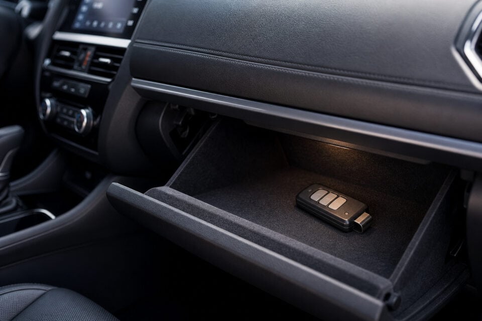 Stop Kids Using the Garage Door: Beyond the 60-Inch Rule 7 Open car glove compartment with remote key fob inside, showing storage space in a modern vehicle interior.