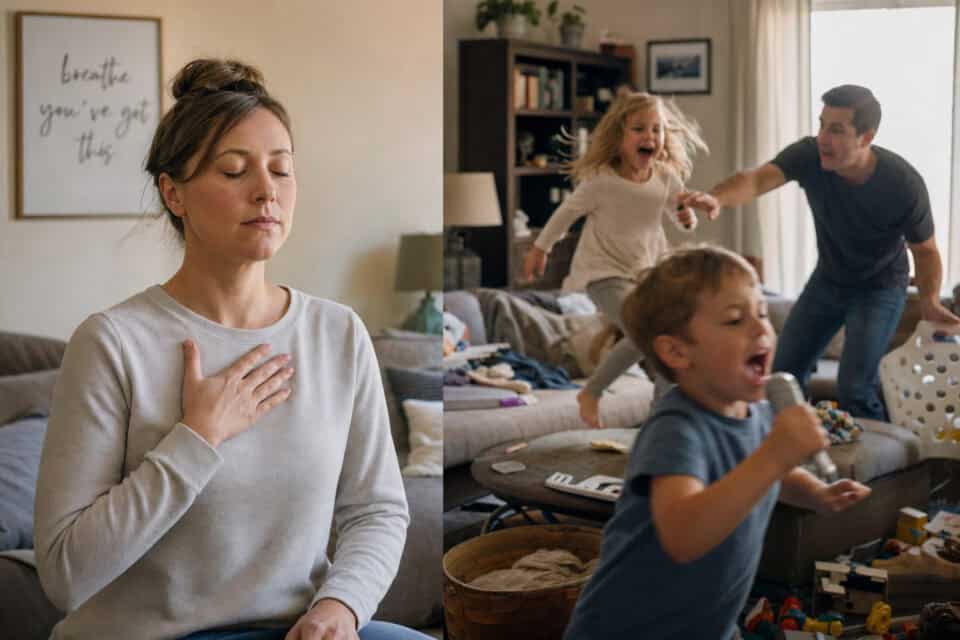 How to Be a Good Mom by Hitting the 70% Rule, Not 100% 4 Woman practicing meditation and mindfulness at home, with her hand on her chest, eyes closed, in a peaceful and relaxing environment.