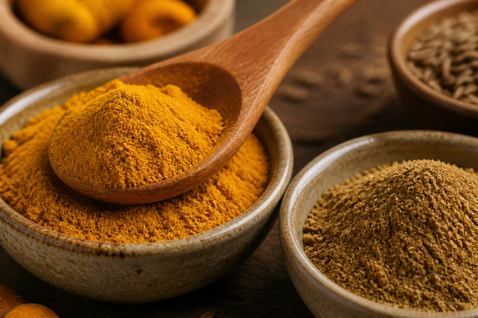 Close-up of various ground spices in ceramic bowls, including turmeric, cumin, and coriander, on a rustic wooden surface.
