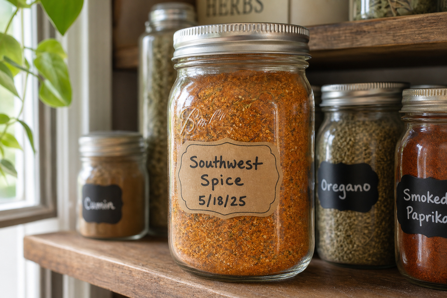 Mason jar labeled Southwest Spice Blend on a kitchen shelf with other herbs and spices, ideal for cooking and seasoning.