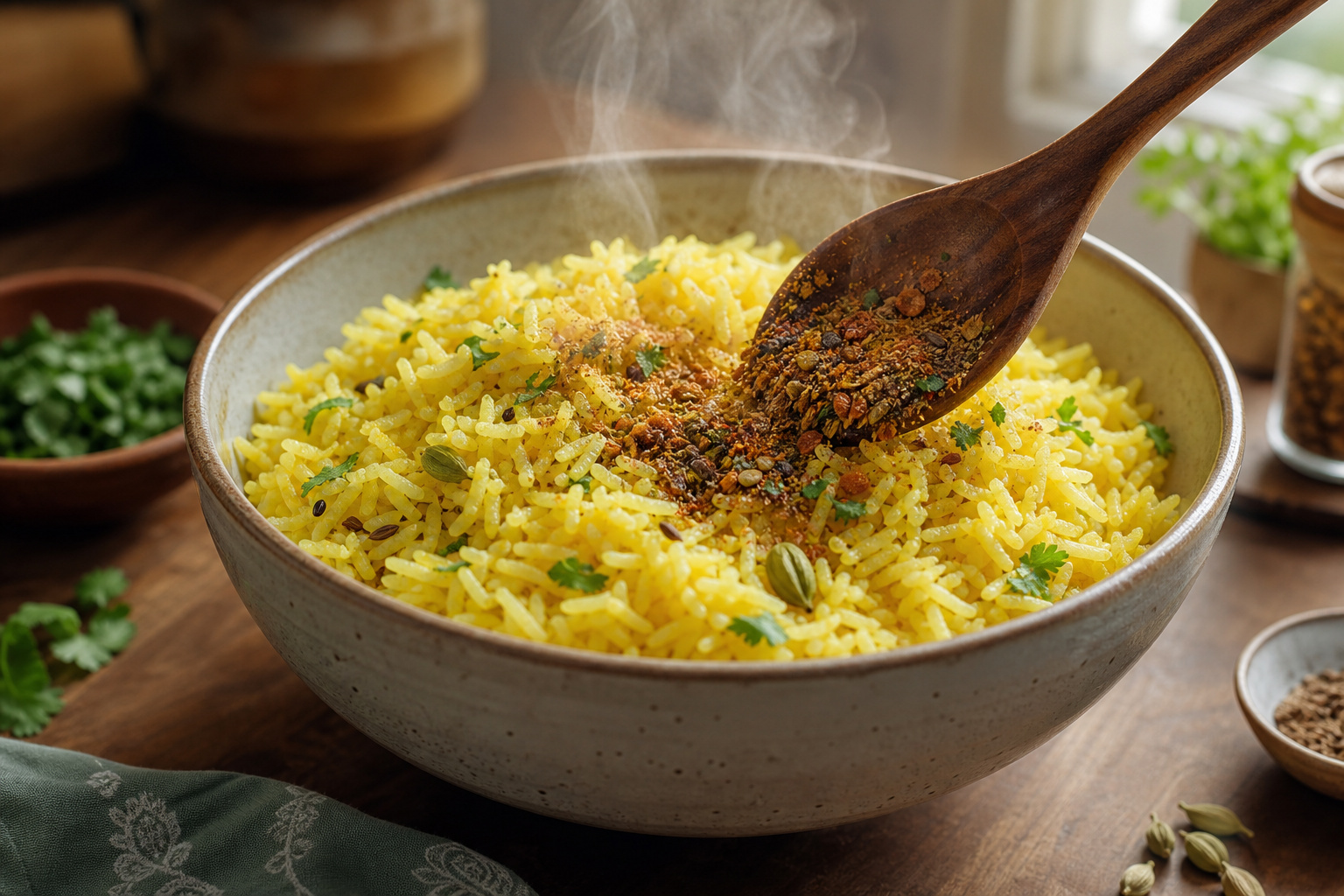 A bowl of steaming lemon rice garnished with herbs and spices, with a wooden spoon stirring in flavorful seasonings, on a rustic wooden table.