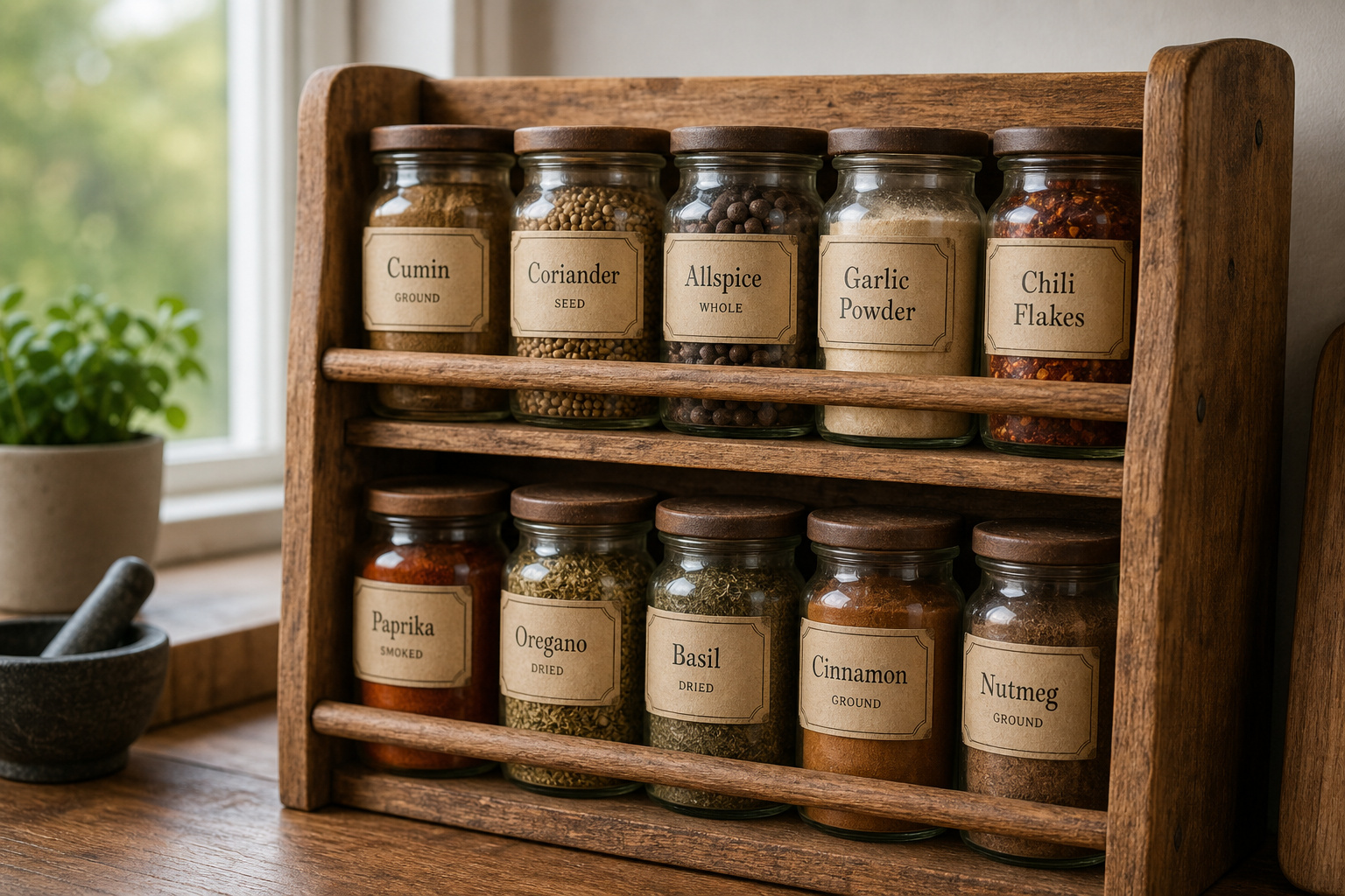 Wooden spice rack with cumin, coriander, allspice, garlic powder, and chili flakes.