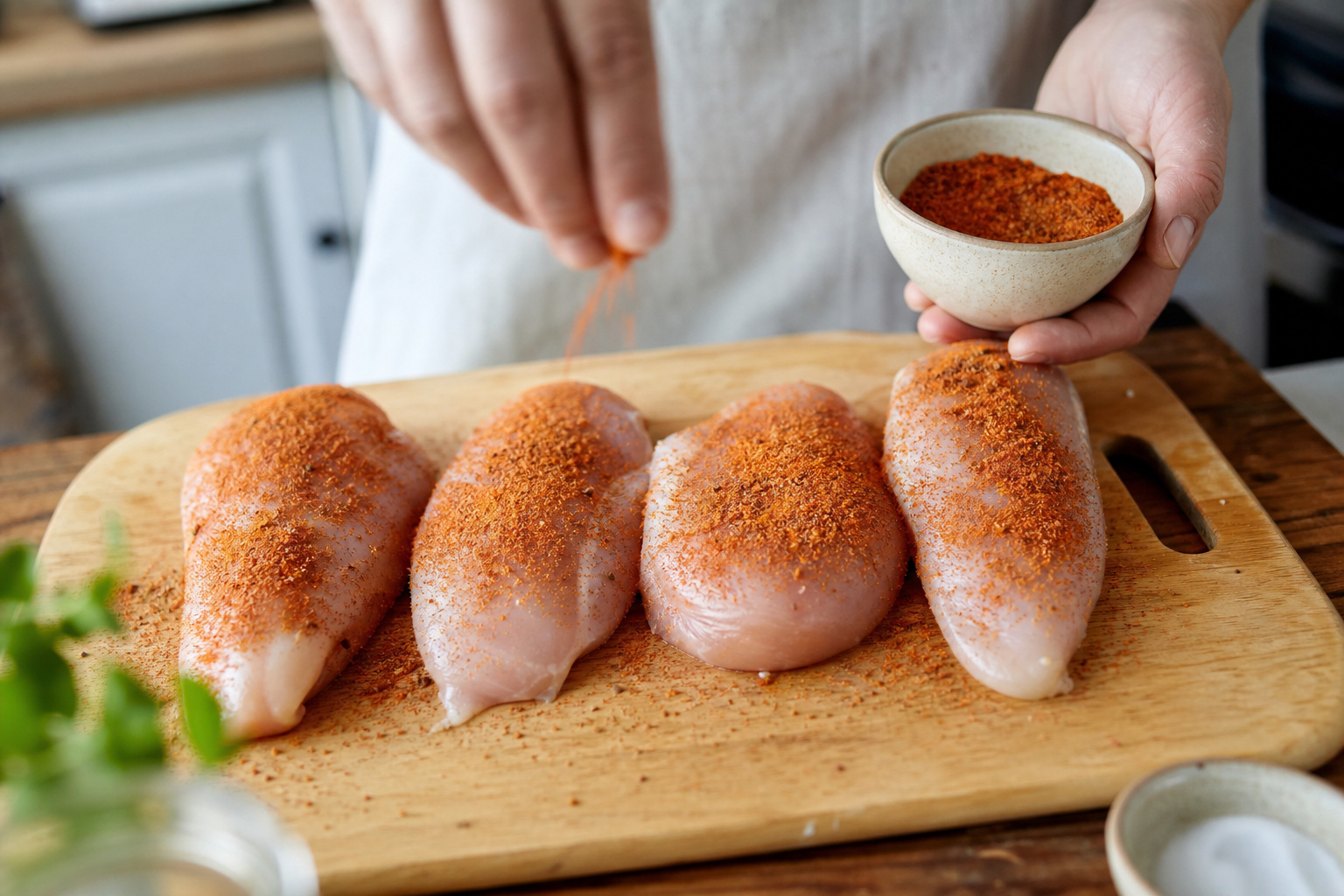 Hand sprinkling DIY Turkish spice blend onto raw chicken breasts for seasoning.