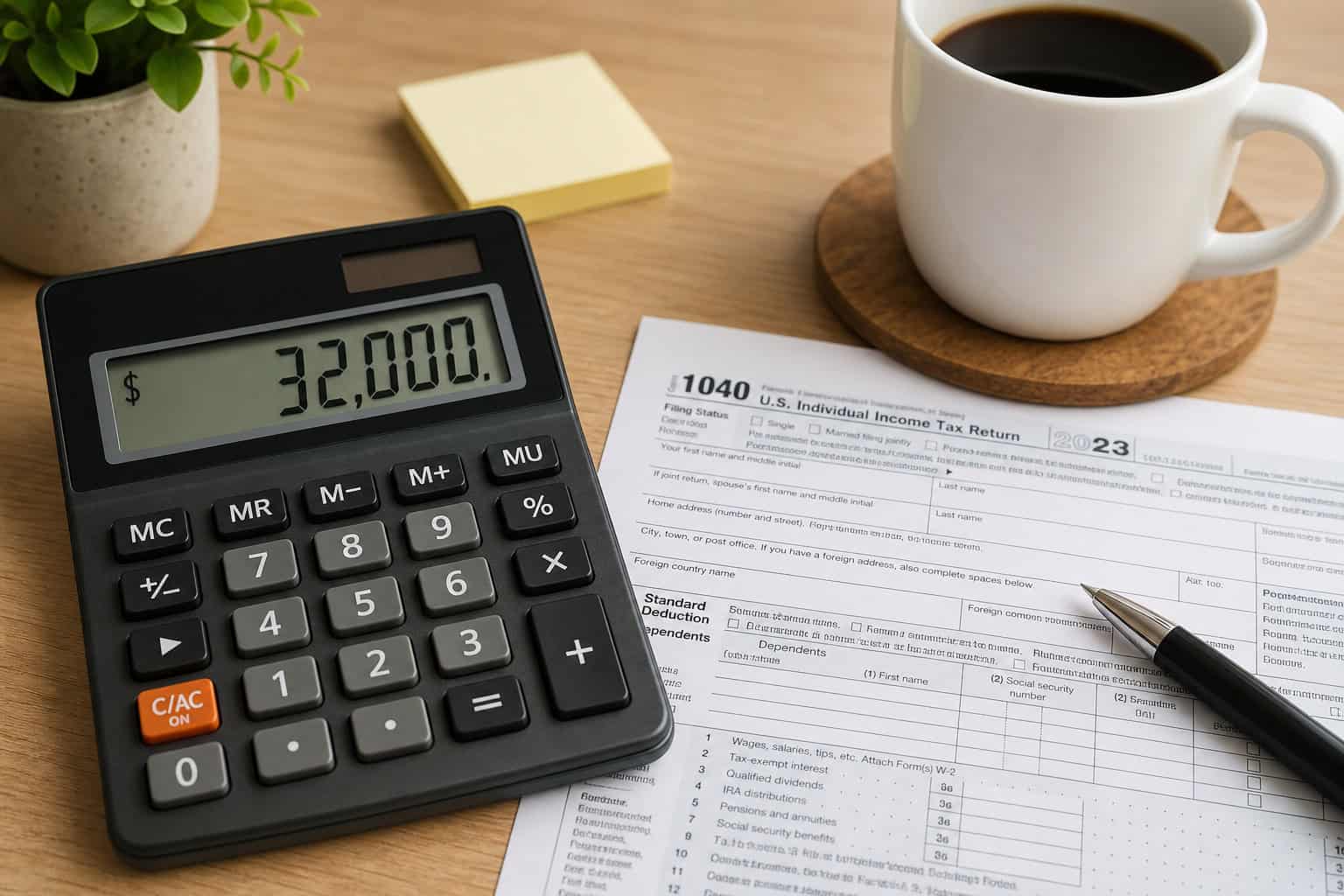 Do You Get a Tax Break for Buying a House With Cash? The Surprising Answer 5 Calculator, tax form, pen, and coffee on a wooden desk, representing tax preparation and financial planning.