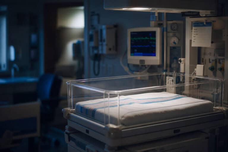 Hospital neonatal incubator in a modern ICU with monitoring screens and medical equipment in the background.