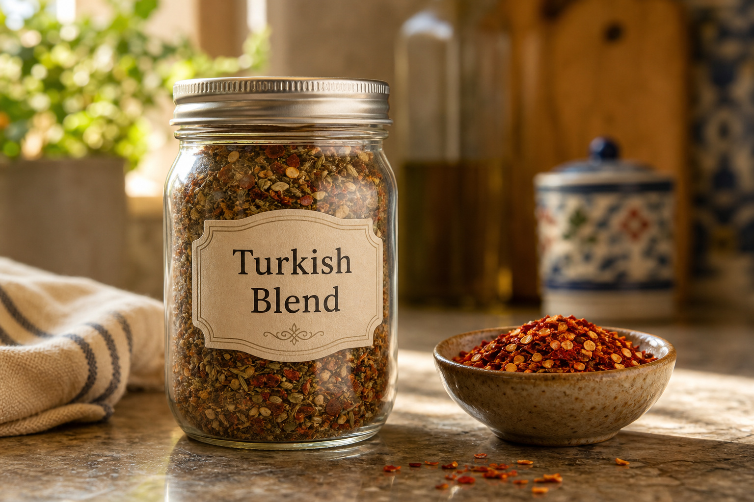 Glass jar of Turkish spice blend with chili flakes alongside on a kitchen counter.