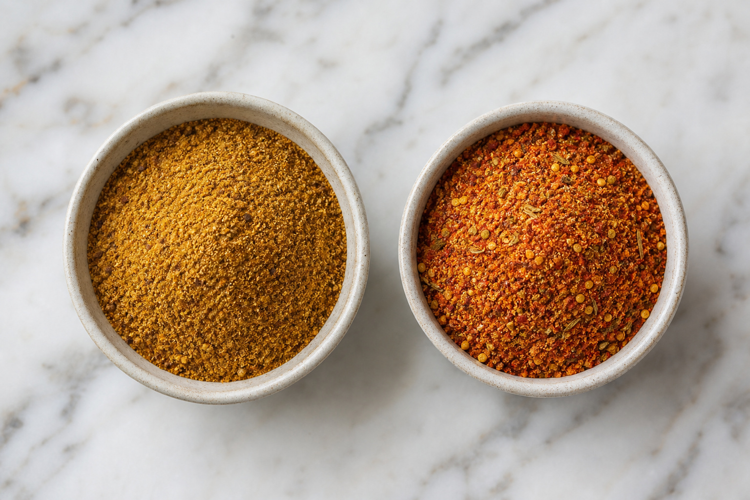 Two small bowls filled with different spices, one with yellowish spice and the other with reddish spice, on a white marble surface.