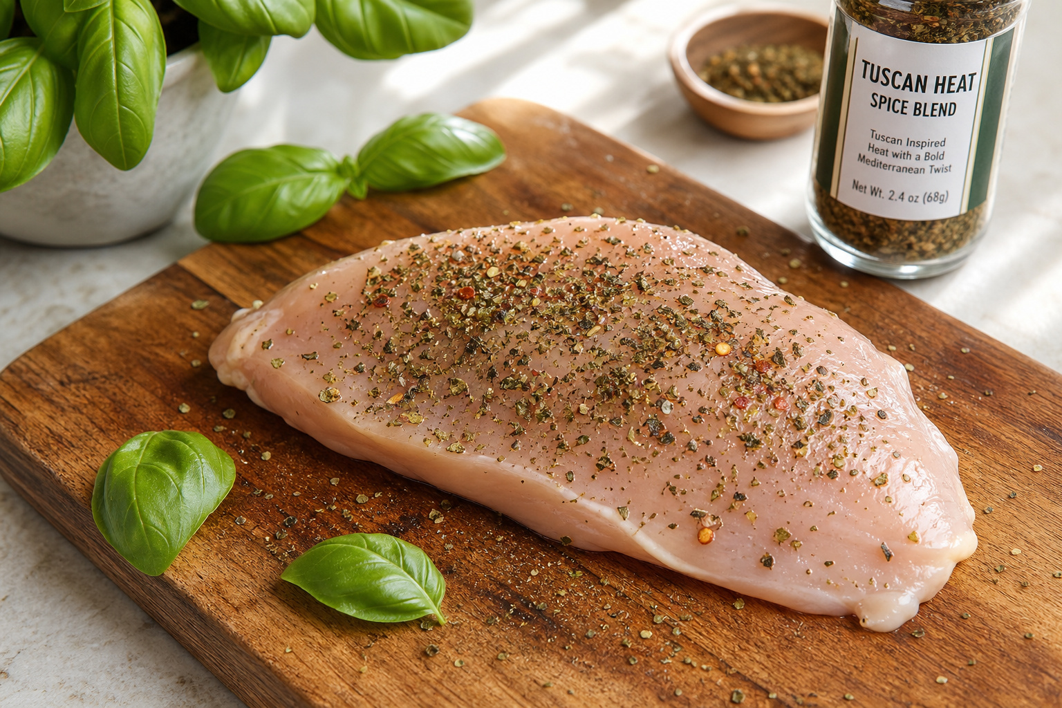 Fresh raw chicken breast seasoned with Tuscan Heat Spice Blend on a wooden cutting board, ready for cooking, with basil leaves and spice jar in the background.