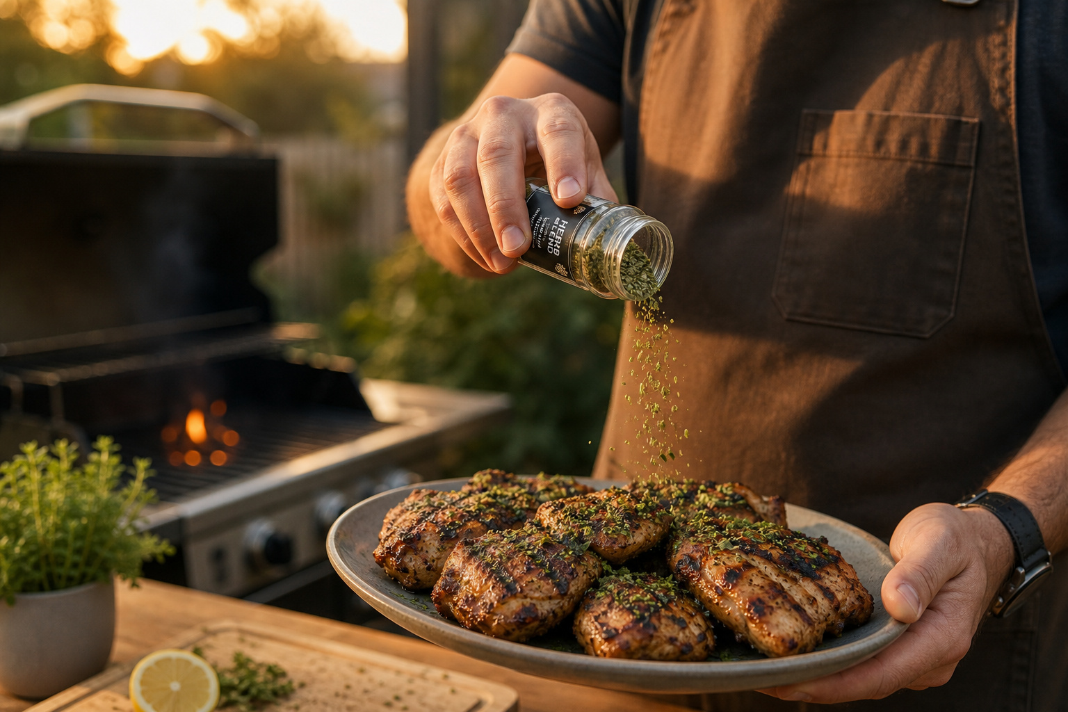 Person seasoning grilled steaks outdoors with a salt shaker, with a barbecue grill in the background during sunset.