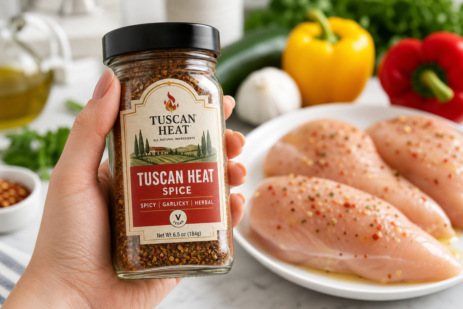 Tuscan Heat Spice jar used to season chicken for a HelloFresh-style meal.