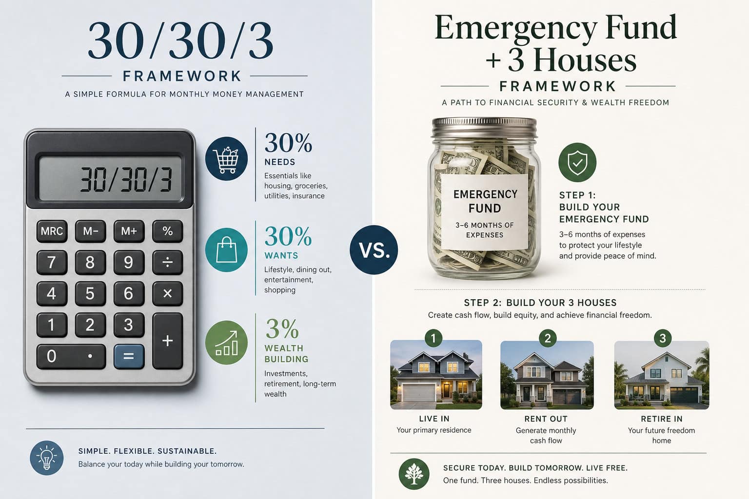 What Is the 30/30/3 Rule for Home Buying? Two Frameworks Explained With Real Examples 2 Illustration of 30/30/3 financial framework with calculator and emergency fund jar, emphasizing budgeting, saving, and wealth building strategies.