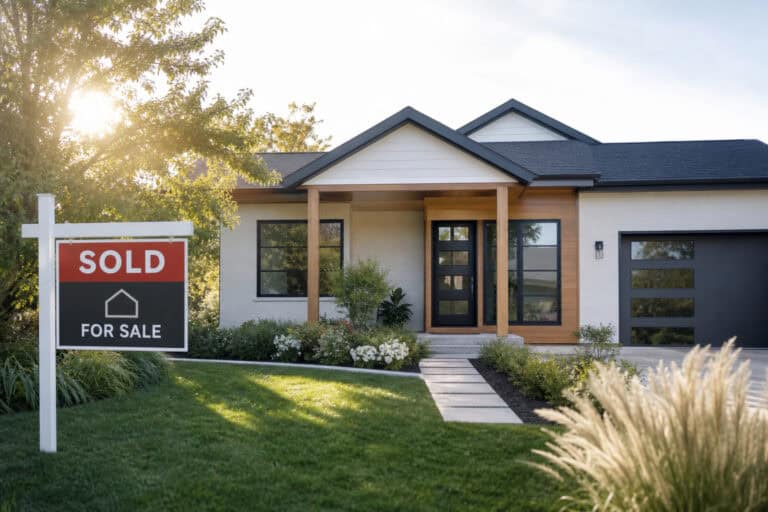 Beautiful modern house with a 'Sold' sign in the front yard, showcasing a contemporary design, well-maintained lawn, and inviting entrance.