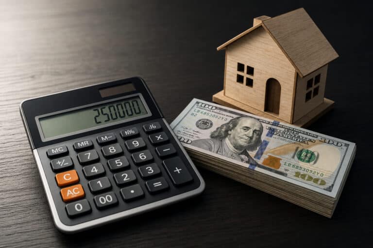 Miniature wooden house, calculator, and stack of $100 bills representing real estate investment and mortgage planning.
