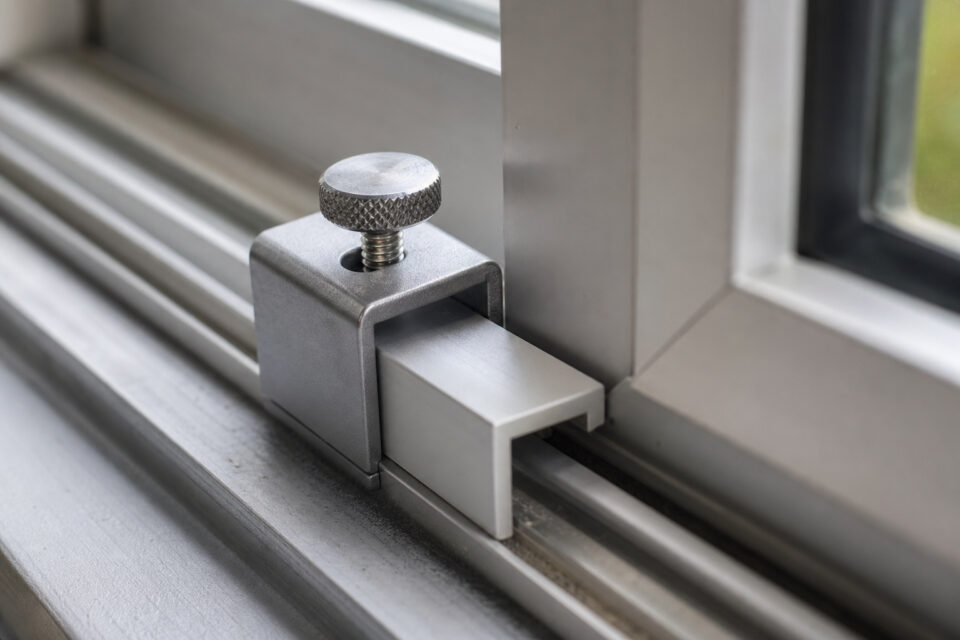 How to Childproof Windows: The 4-Inch Rule and Hardware That Actually Keeps Kids Safe 5 Close-up of a metal sliding window lock with a screw knob securing the window in place.