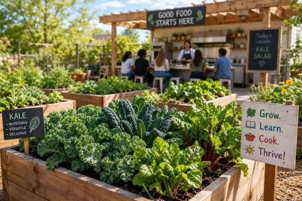 San Antonio Botanical Garden: Is a 38-Acre Walking Tour Worth It? 5 Community garden with lush kale and other vegetables, people learning about sustainable farming, and a sign promoting healthy eating and gardening.