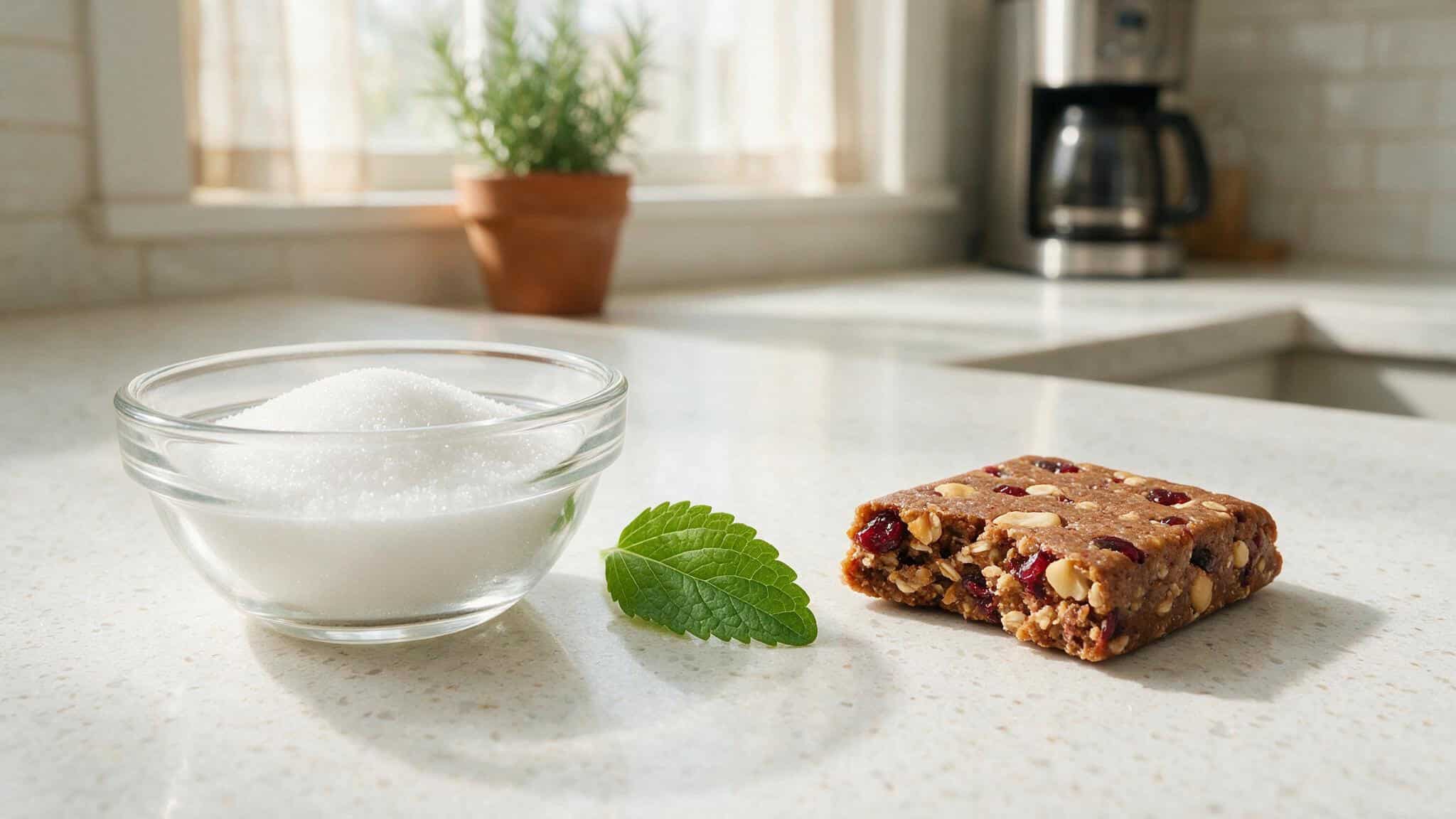 Are IQ Bars Safe to Eat Every Day? A Dietitian's 75/100 Score and the Truth About Brain Nutrients 4 Allulose crystals and stevia leaf beside an IQ Bar, illustrating the sweeteners used in the product.