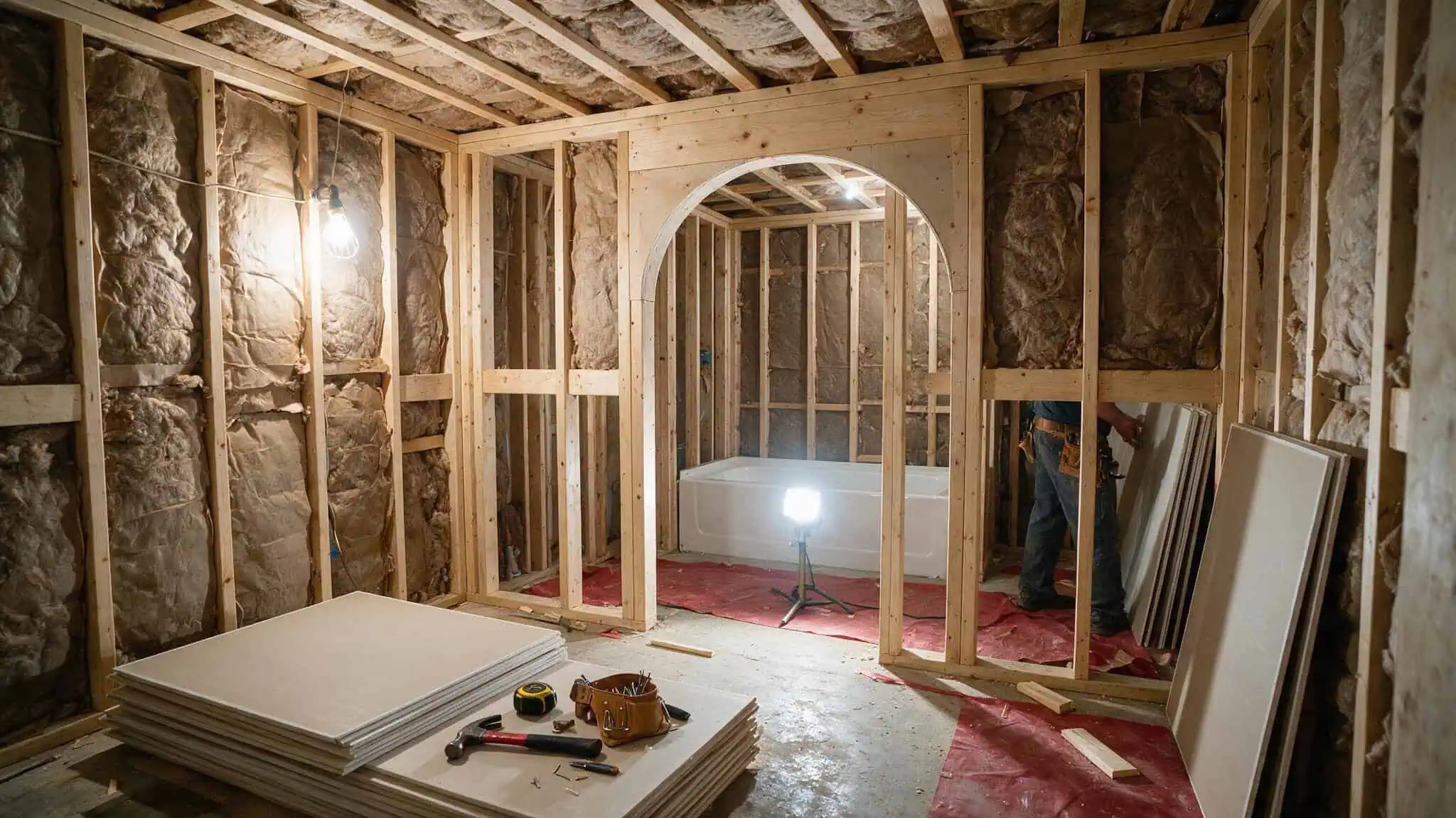 How Long Does a Bathroom Remodel Take to Start? The 4-Week Minimum 3 Bathroom renovation mid-construction with exposed studs, insulation, and drywall materials.