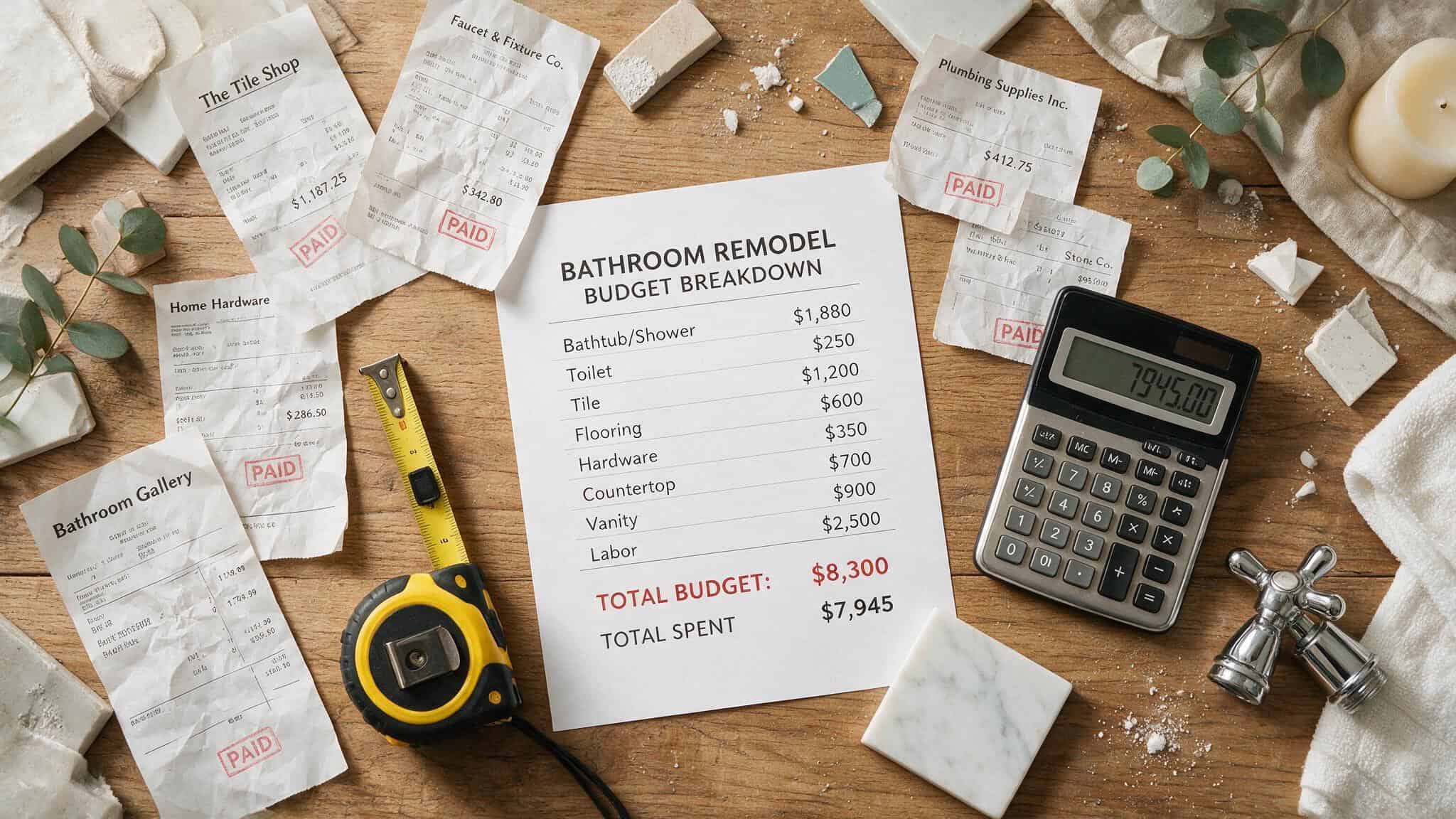 Is $10,000 Enough for a Bathroom Remodel? Yes, Here's What You Get 2 Flat lay of bathroom remodel receipts, calculator, and tile sample showing cost breakdown