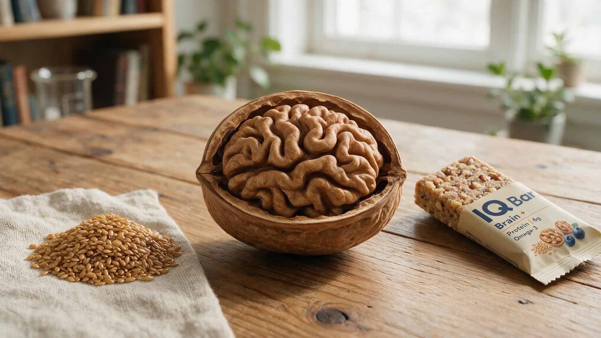 Are IQ Bars Safe to Eat Every Day? A Dietitian's 75/100 Score and the Truth About Brain Nutrients 5 Walnut brain shape with flaxseeds and IQ Bar, representing the brain nutrient marketing versus science.