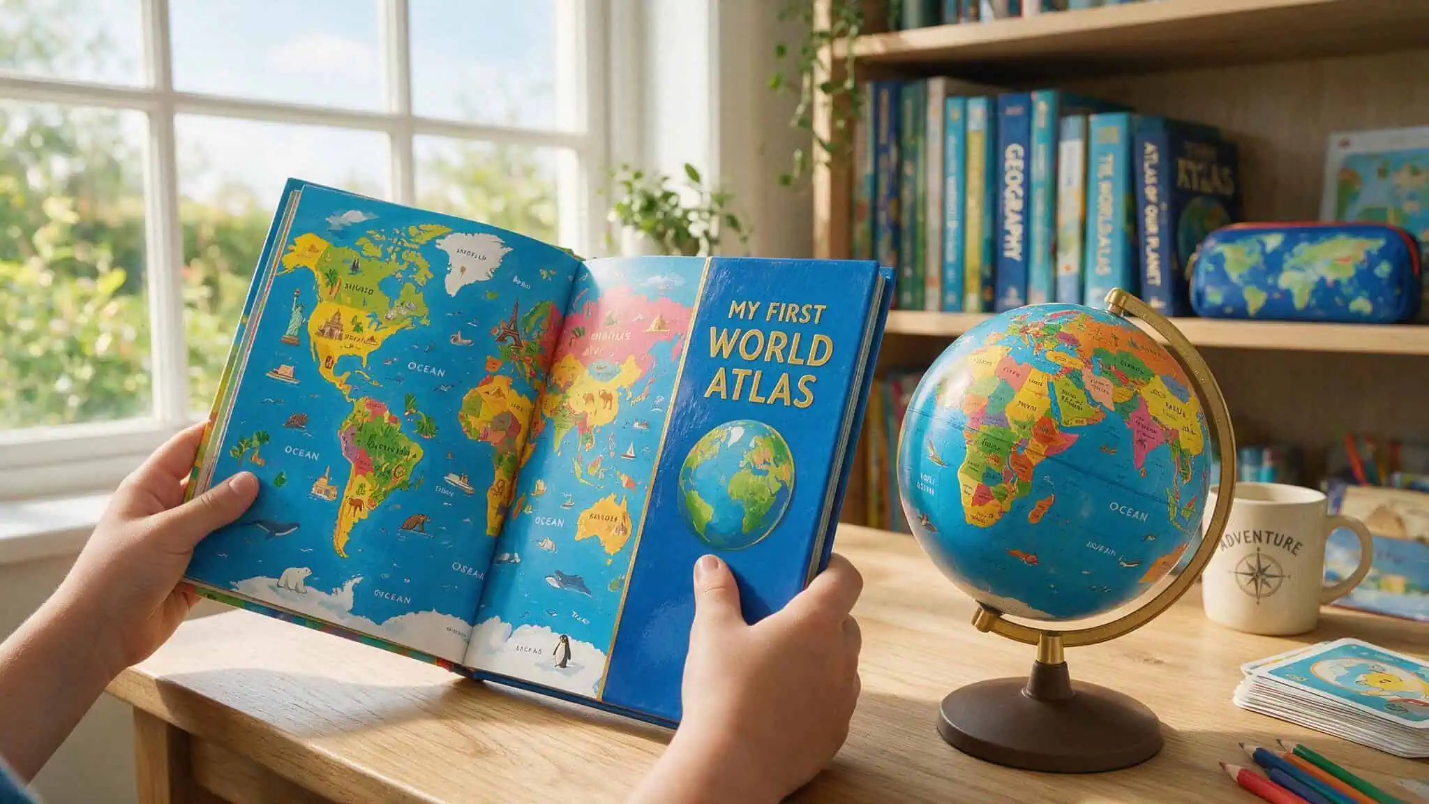 Vegsource Homeschool: A Potpourri Approach to Plant-Based Learning 2 Child holding a world map book and globe for a Vegsource kindergarten geography unit.