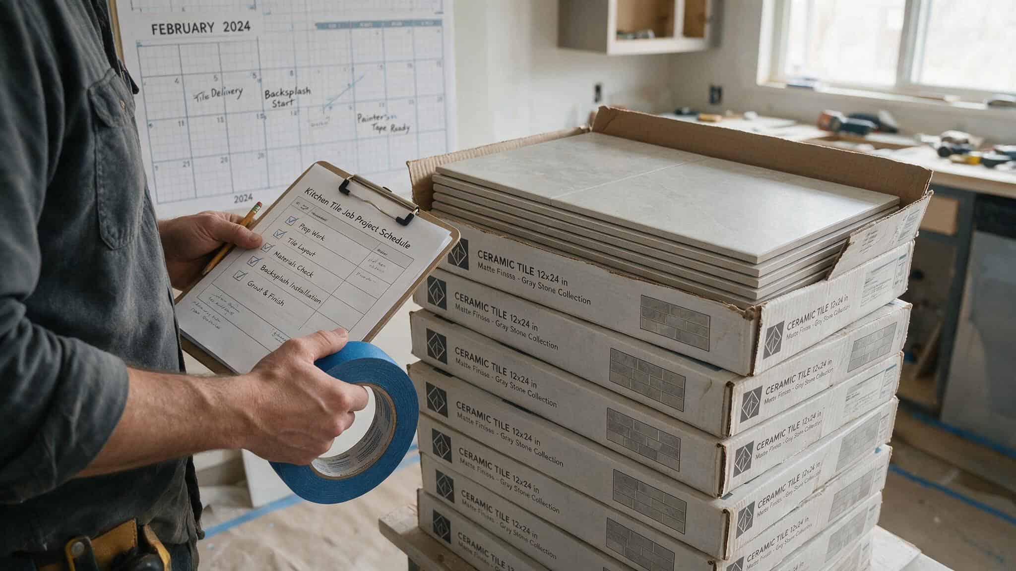 Bathroom Remodel Timeline: 4-Week Schedule, Delays, and Tips from a Mom Who Survived 3 Contractor with clipboard and tape standing near tile boxes and a calendar
