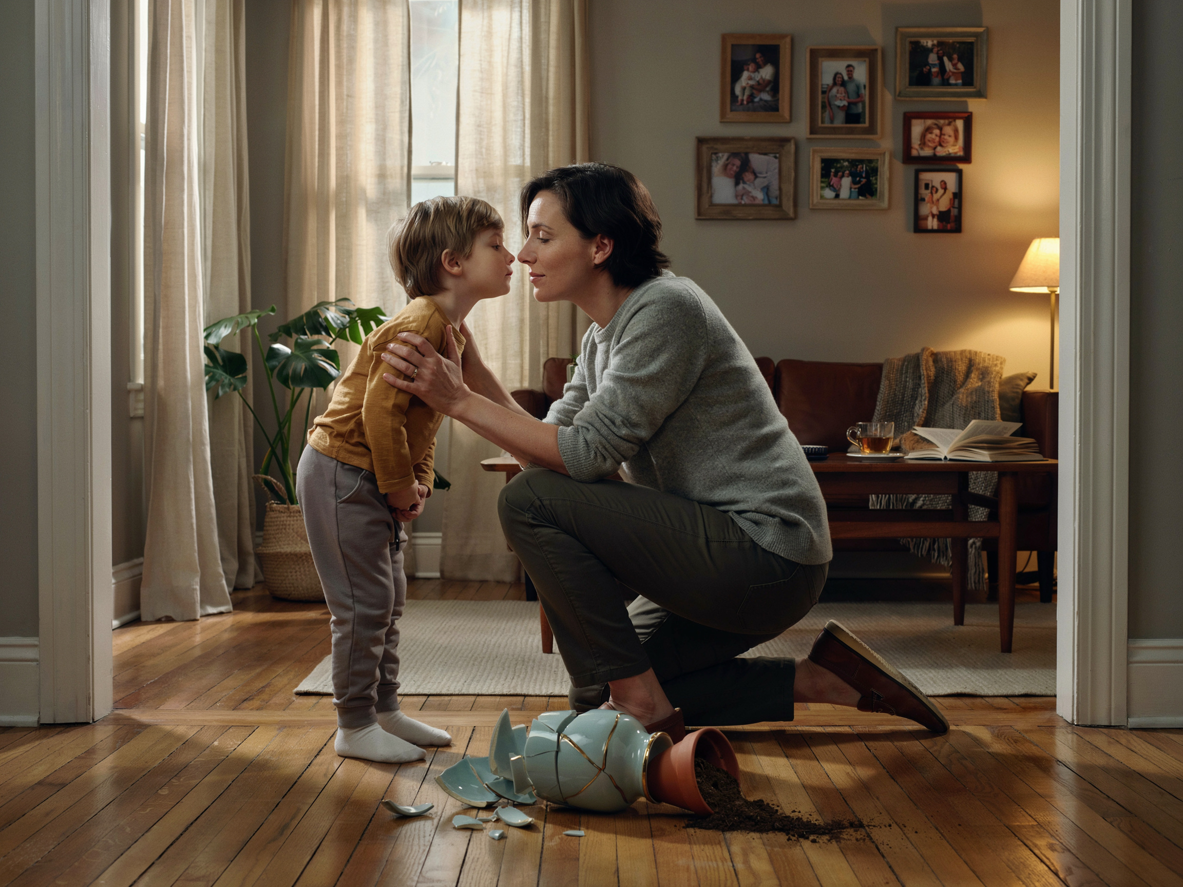 10 Family Values That Actually Stick: A Curated List With Age-Specific Tips 6 Child confessing to broken vase with parent responding calmly, teaching honesty without punishment.