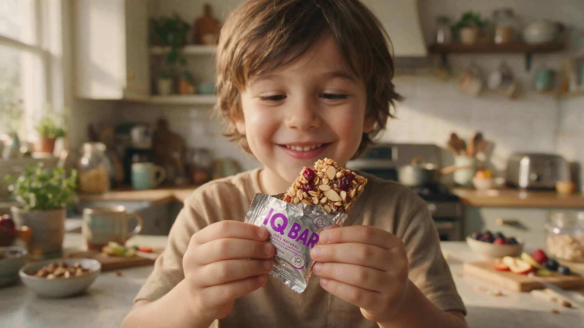 IQ Bars Review: Why the Brain-Boosting Claims Don't Match the Ingredients 6 Child holding a half IQ Bar, testing snack suitability for kids in family review.